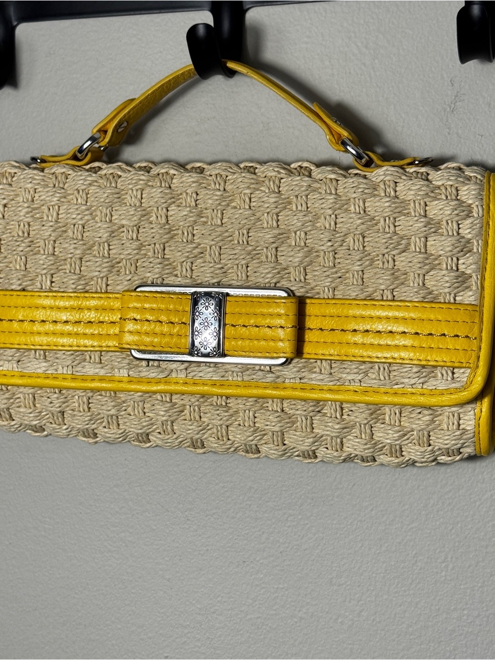 Brighton Woven Straw Clutch Handbag Yellow Leather Trim Silver Floral Buckle
